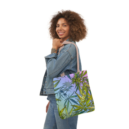 Sassy Pink And Green 420 Weed Marijuana Leaf Polyester Canvas Tote Bag (AOP)