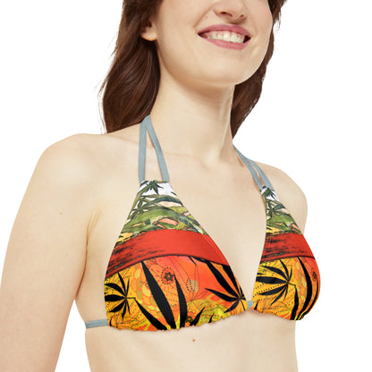 Beautiful Redish Orange Banded Marijuana 420 Pot Weed Leaf Strappy Bikini Set (AOP)