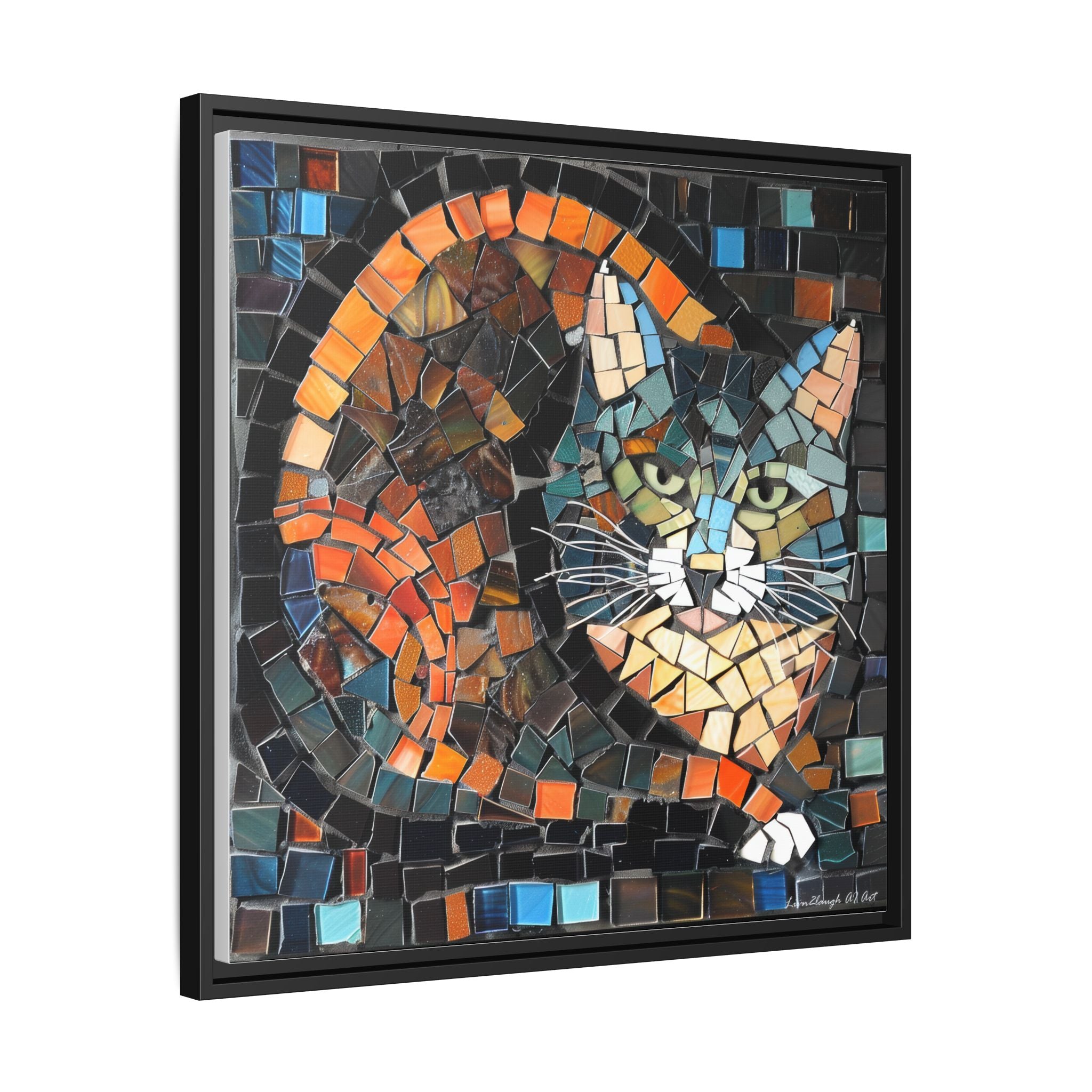 "Bold Mosaic Cat", Framed Mosaic Cat Art Print — Colorful Modern Wall Canvas