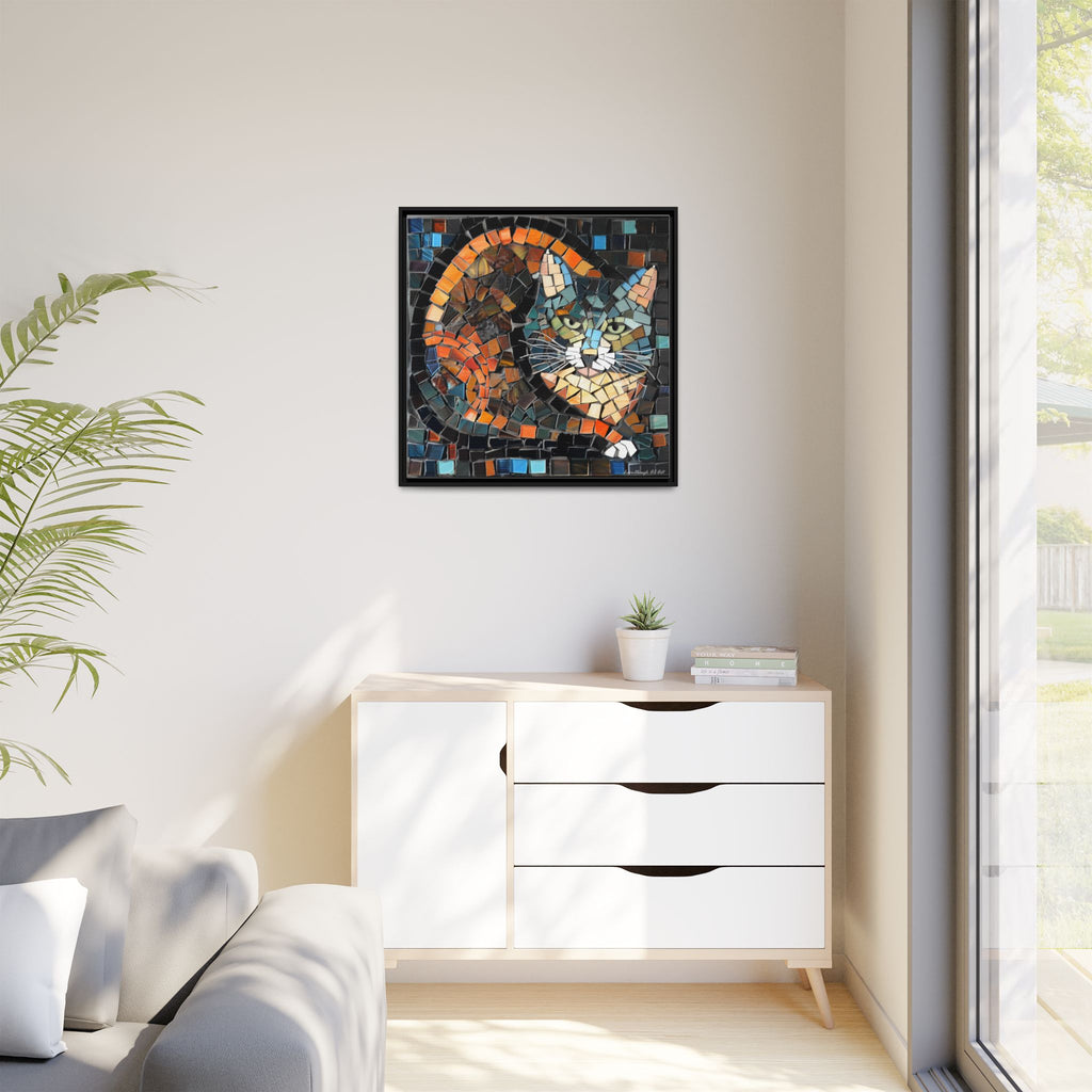 "Bold Mosaic Cat", Framed Mosaic Cat Art Print — Colorful Modern Wall Canvas