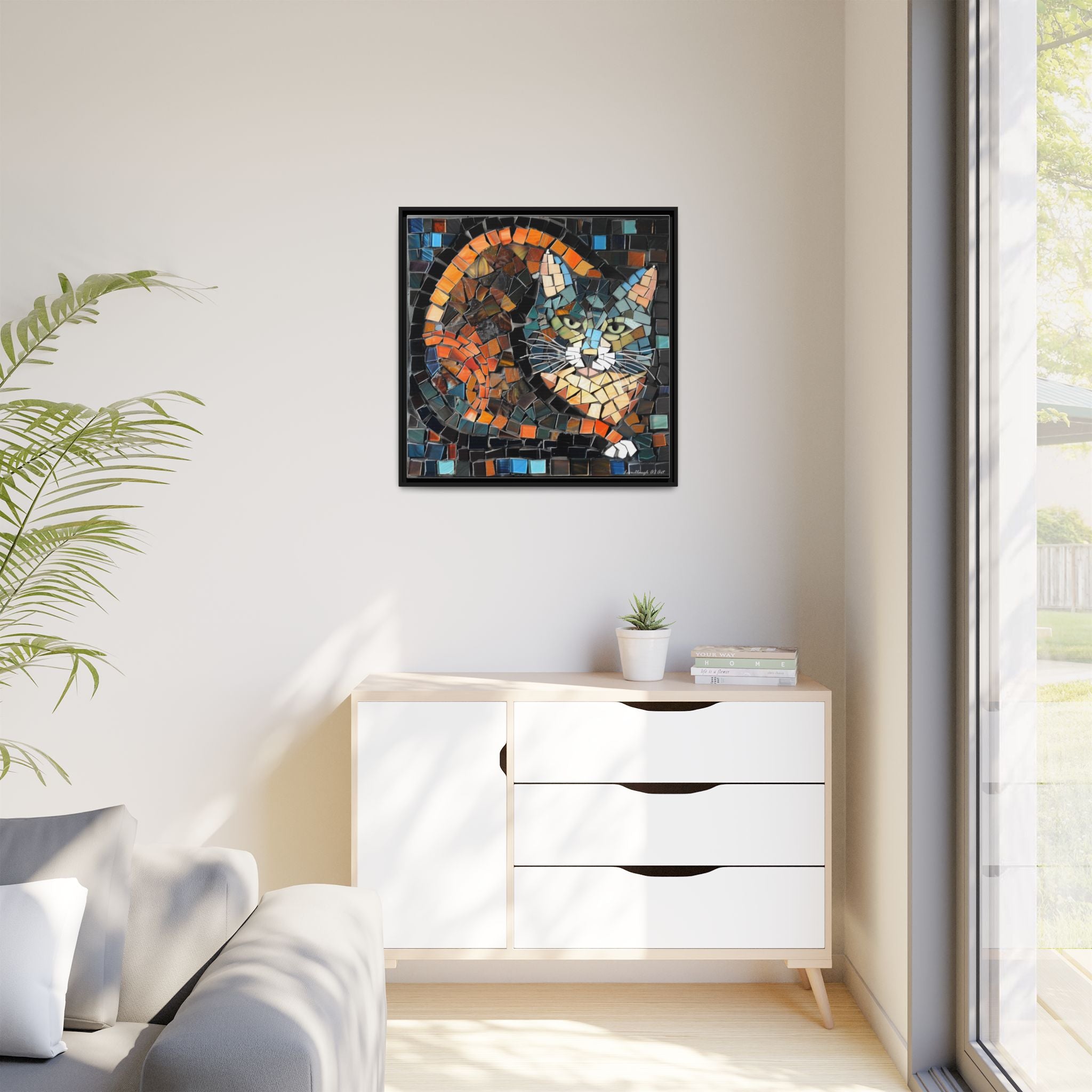 "Bold Mosaic Cat", Framed Mosaic Cat Art Print — Colorful Modern Wall Canvas