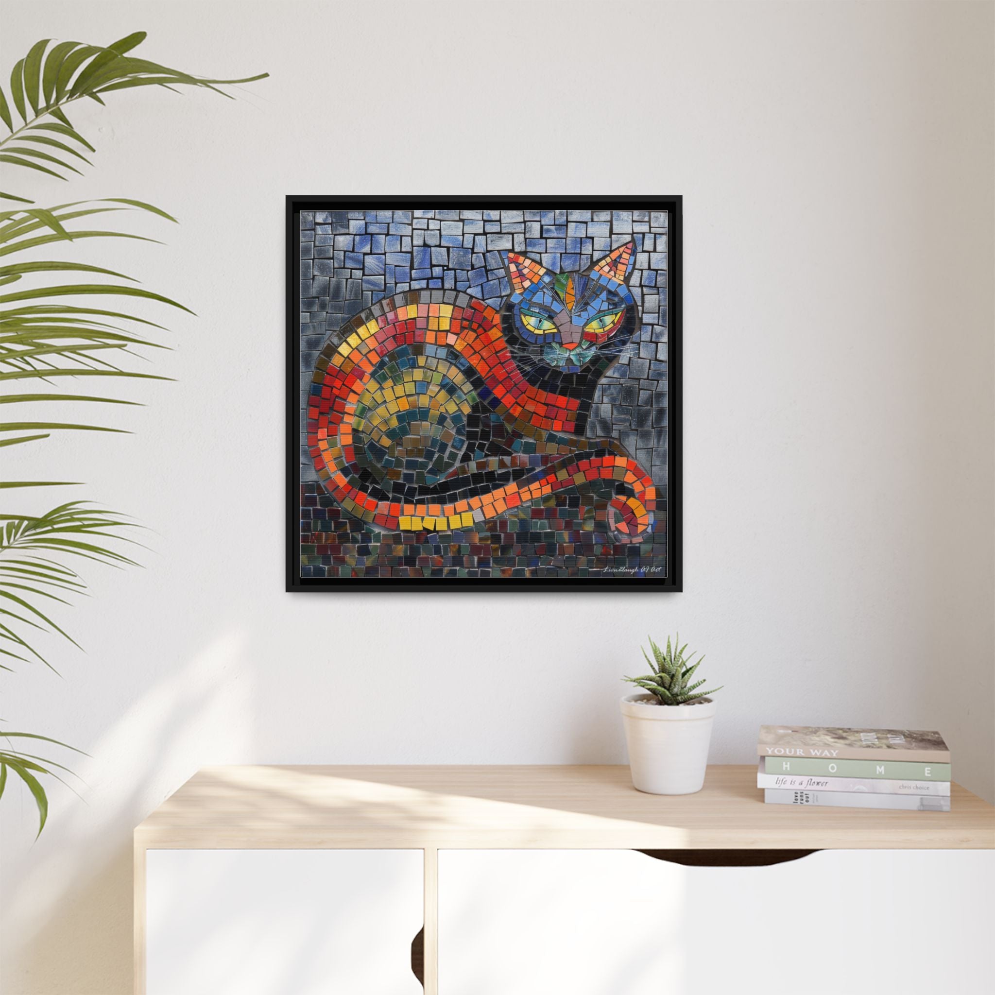 Mystic Shadows: The Enigmatic Cat, Framed Mosaic Cat Art Print — Colorful Modern Wall Canvas