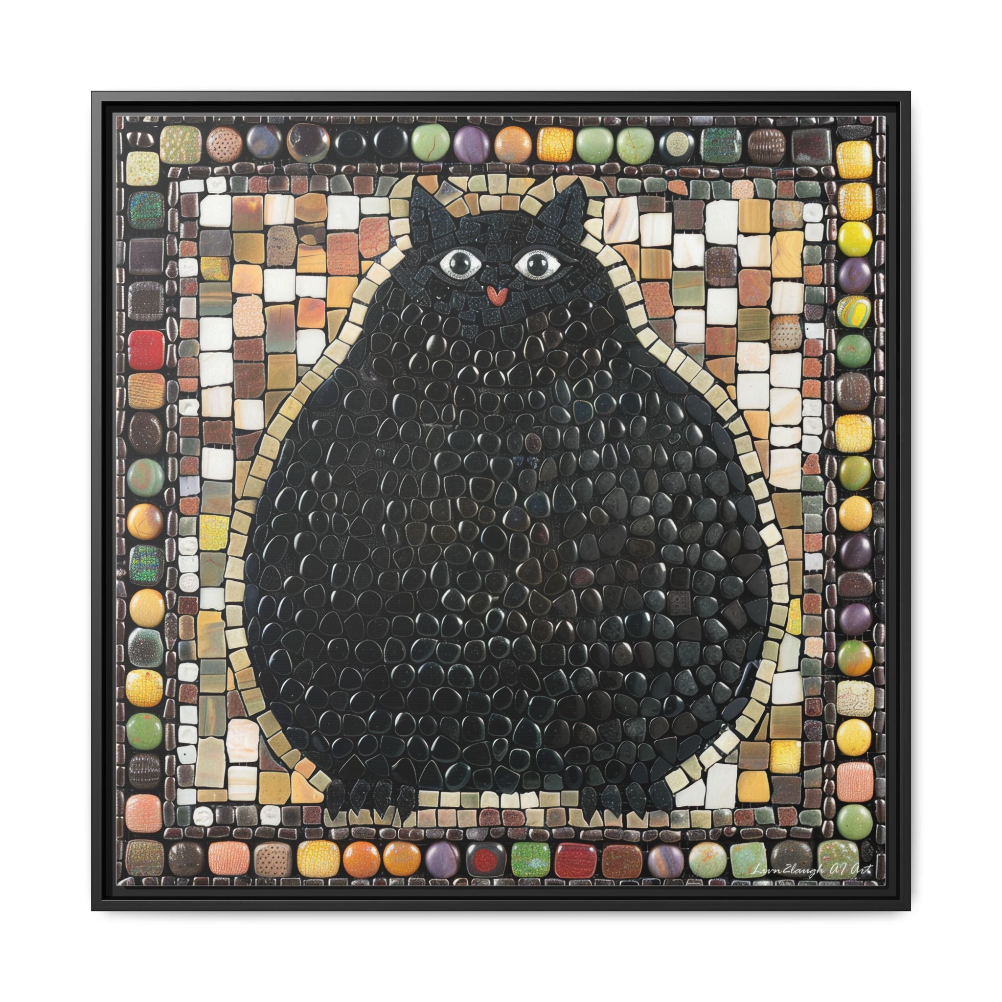 "Playful Black Cat Mosaic", Framed Mosaic Cat Art Print — Colorful Modern Wall Canvas