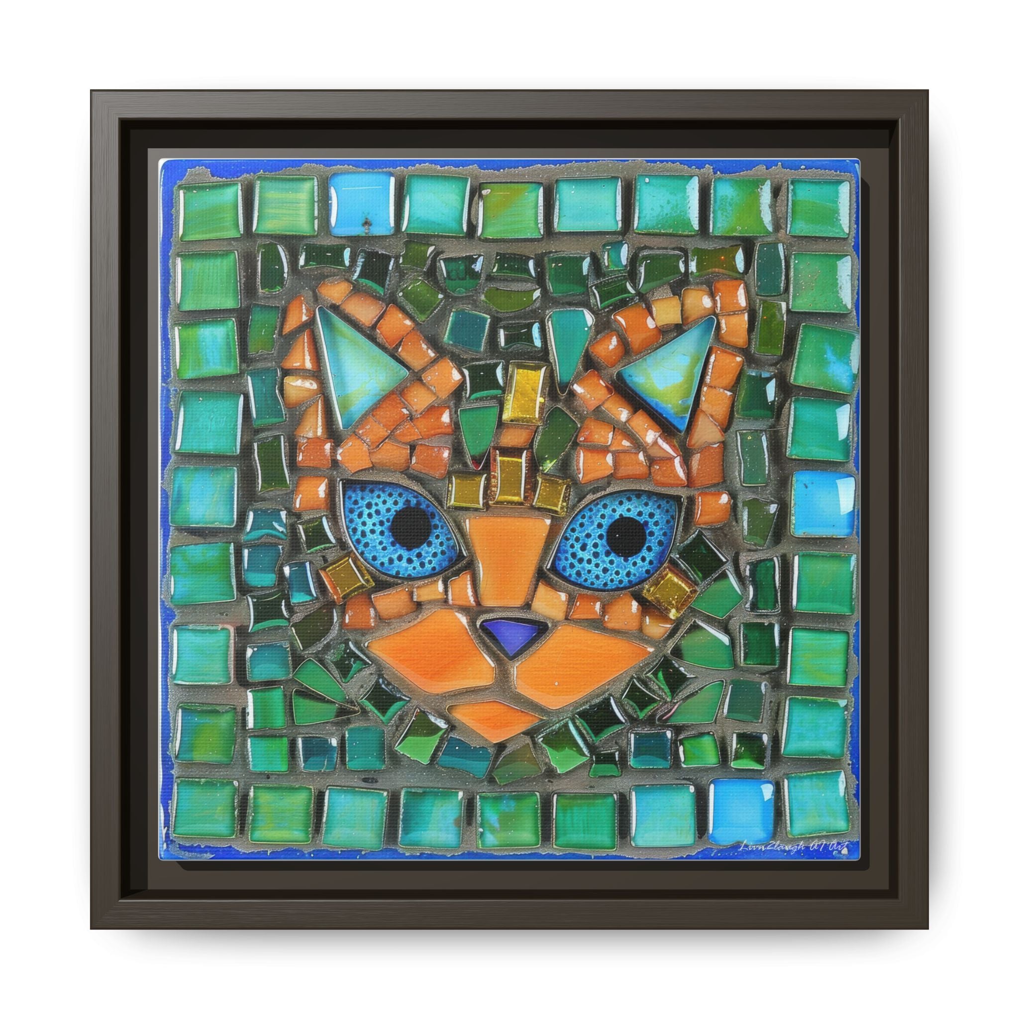 "Emerald Eyes Mosaic Cat", Framed Mosaic Cat Art Print — Colorful Modern Wall Canvas