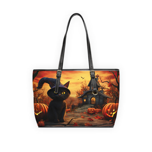 Witch Cat With Breathtaking Fall Time Schoolhouse/Church With Smile Carved Halloween Pumpkins , PU Leather Shoulder Bag