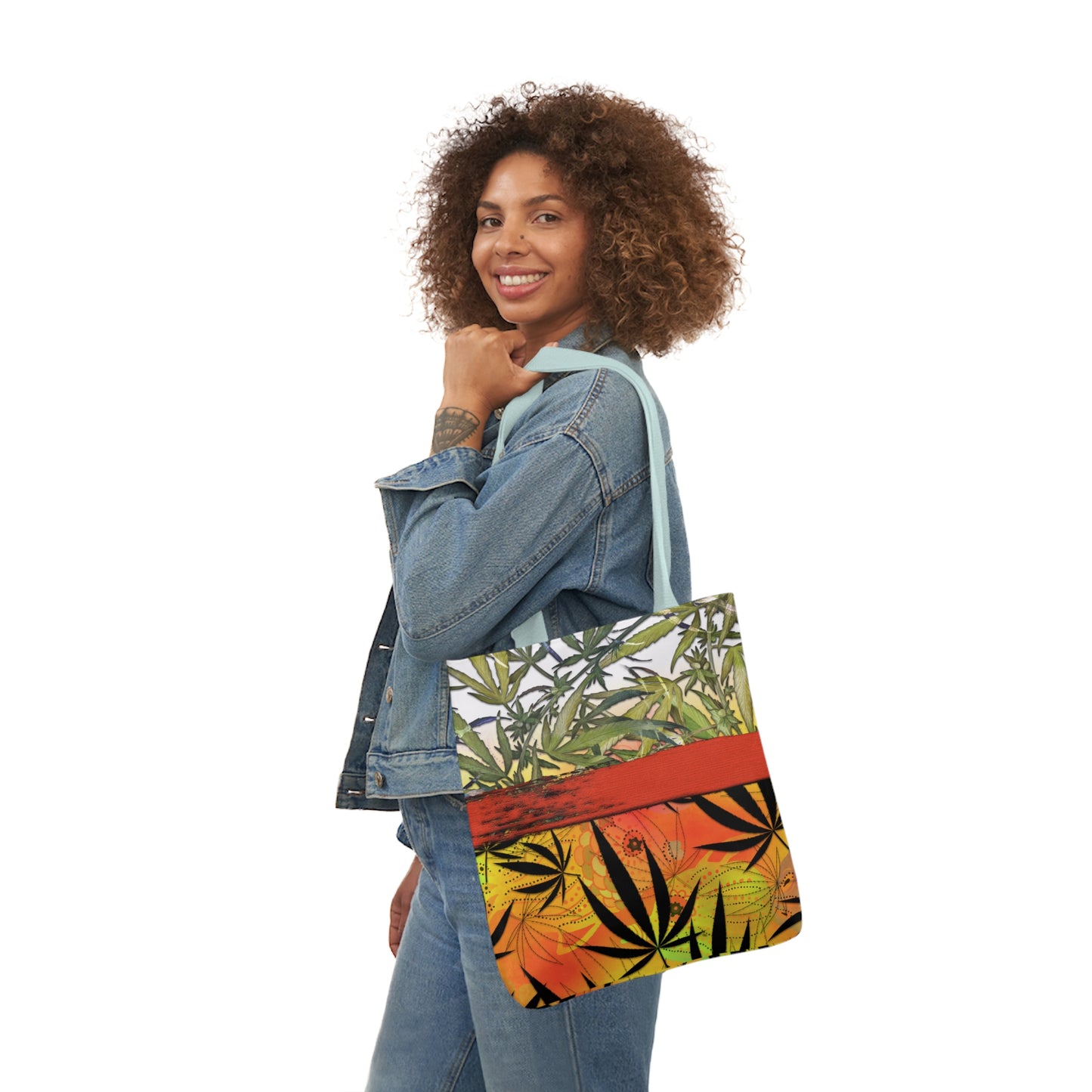 Beautiful Redish Orange Banded Marijuana 420 Pot Weed Leaf Polyester Canvas Tote Bag (AOP)