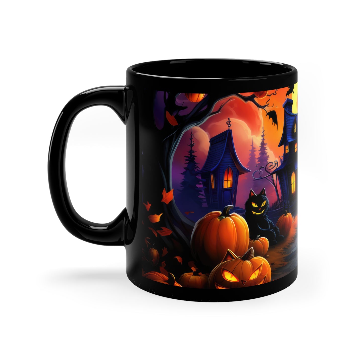 Spooky Halloween House With Pumpkin Line Path , Black Cat 11oz Black Mug