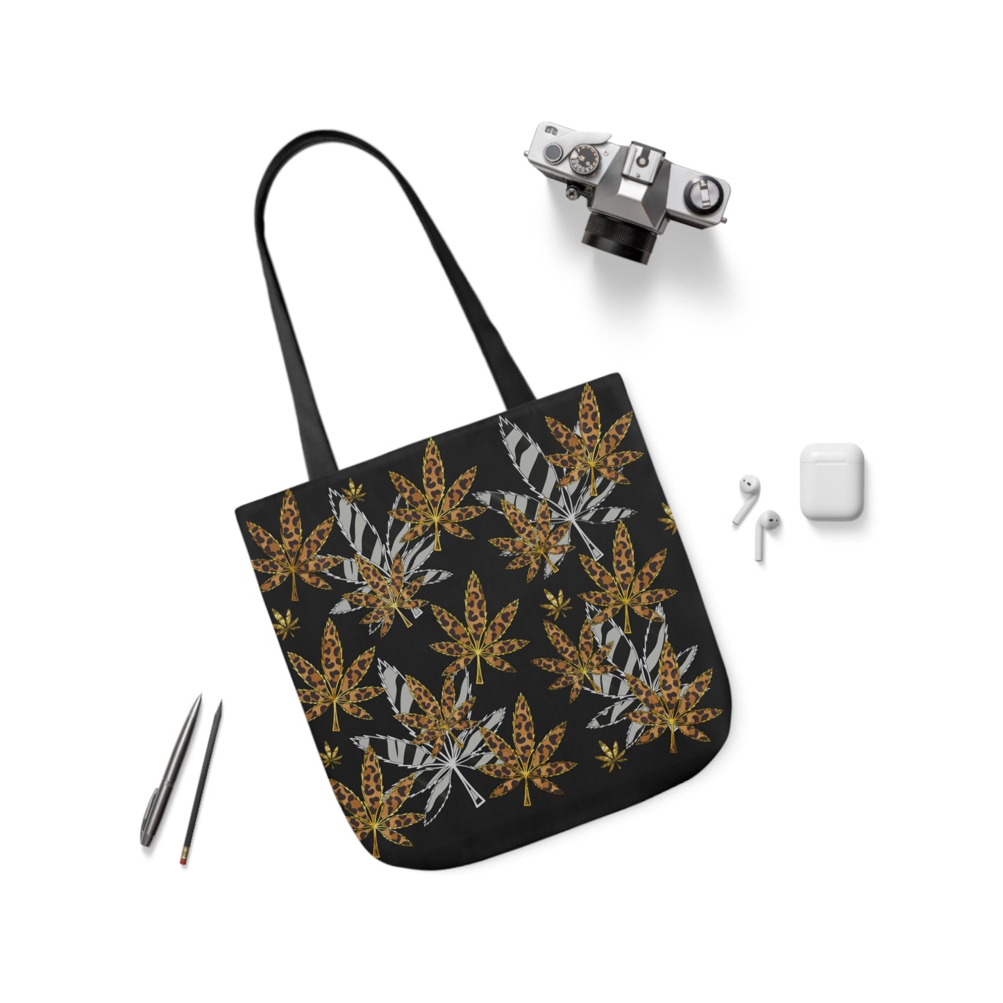 Gold And Zebra Marijuana Pot Weed Leaf 420 Marijuana Polyester Canvas Tote Bag (AOP)