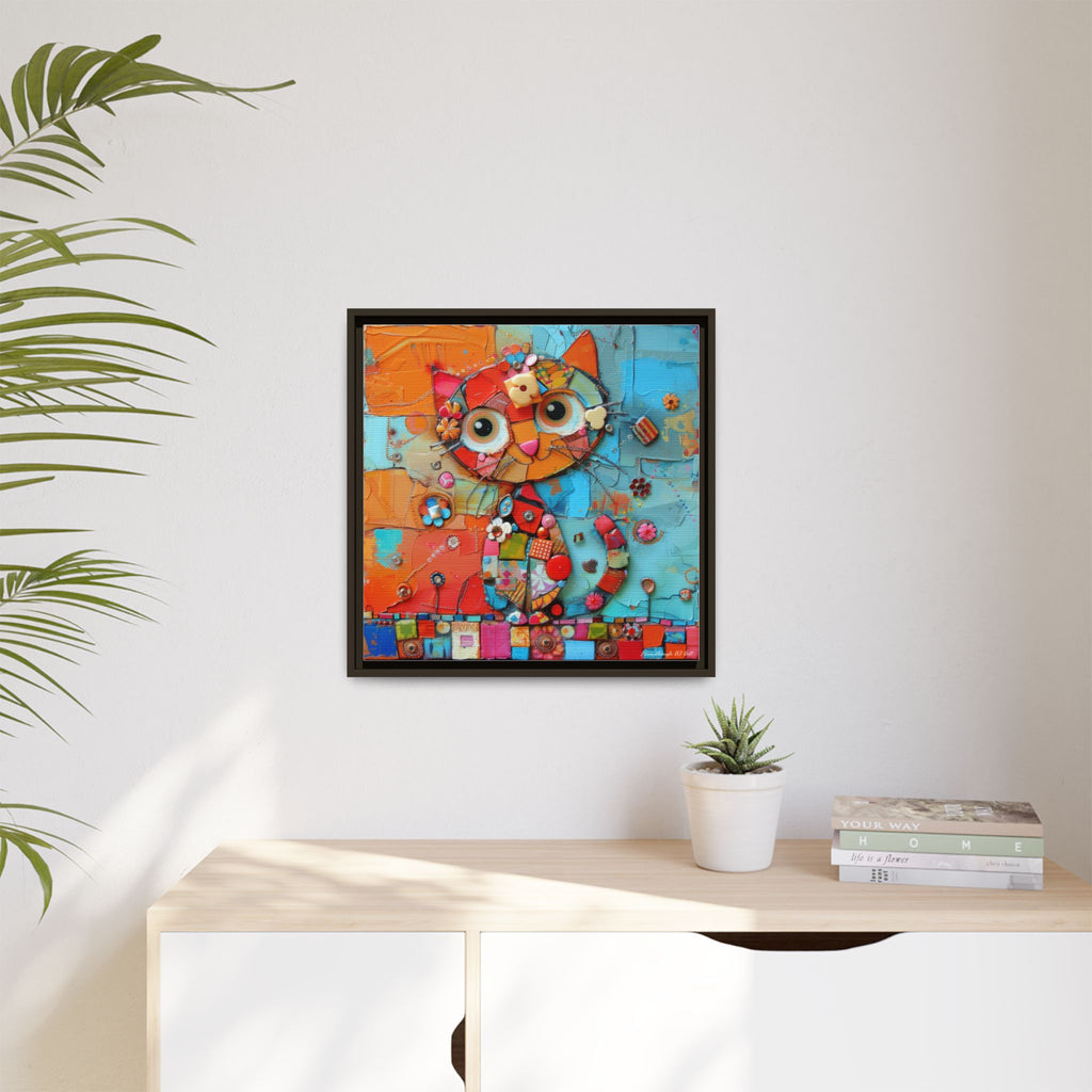 "Whimsical Mosaic Cat", Framed Mosaic Cat Art Print — Colorful Modern Wall Canvas