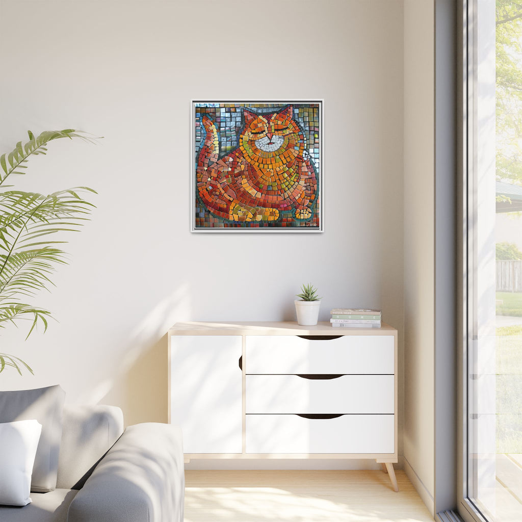 Radiant Whiskers: The Joyful Cat, Framed Mosaic Cat Art Print — Colorful Modern Wall Canvas