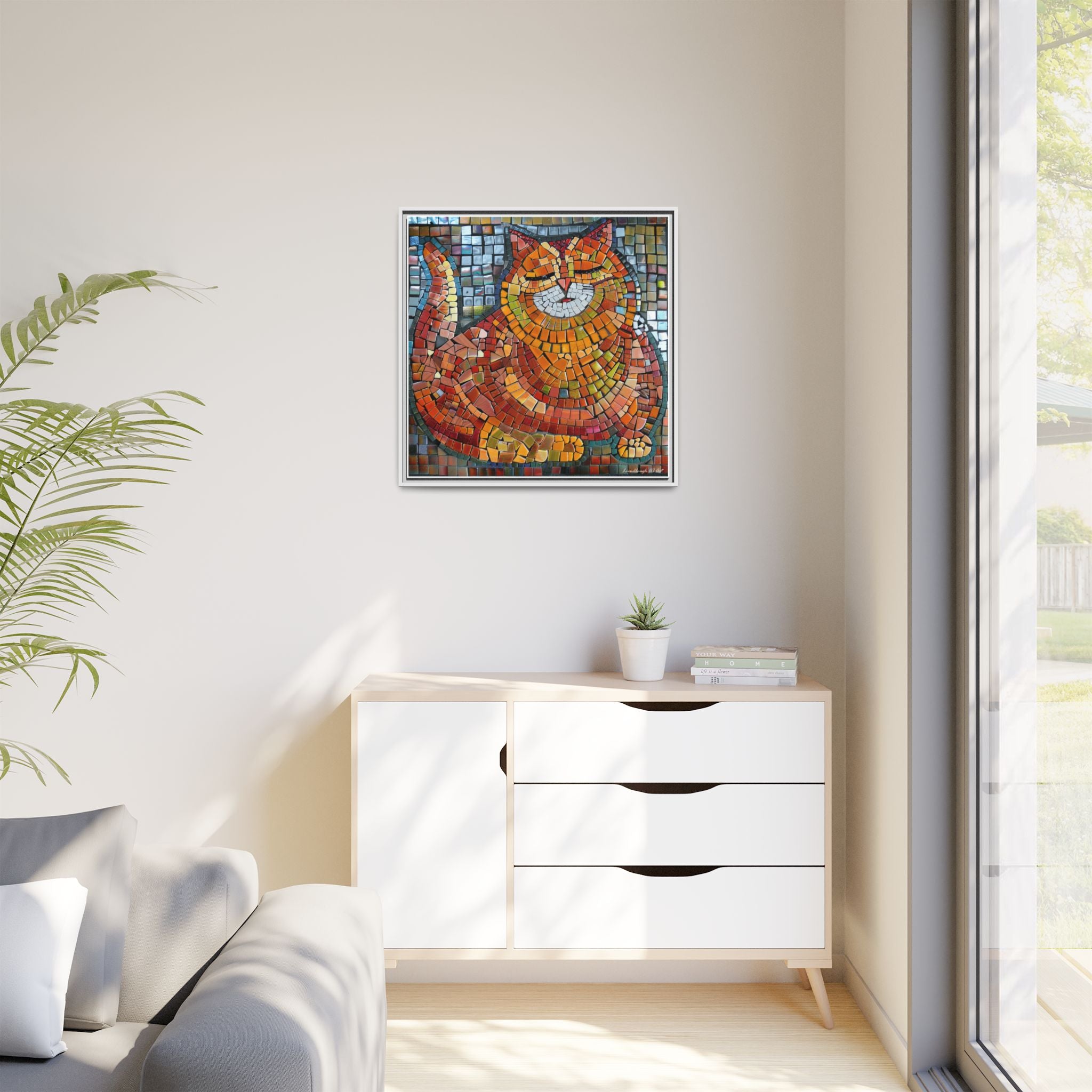 Radiant Whiskers: The Joyful Cat, Framed Mosaic Cat Art Print — Colorful Modern Wall Canvas
