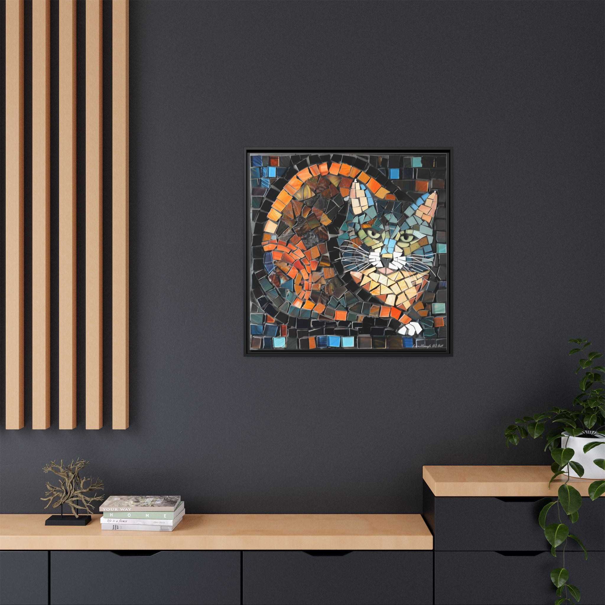 "Bold Mosaic Cat", Framed Mosaic Cat Art Print — Colorful Modern Wall Canvas