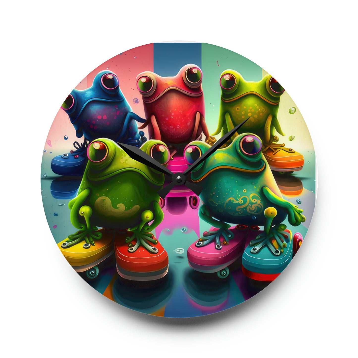 Colorful Group Of Frogs On Skates Wall Clock