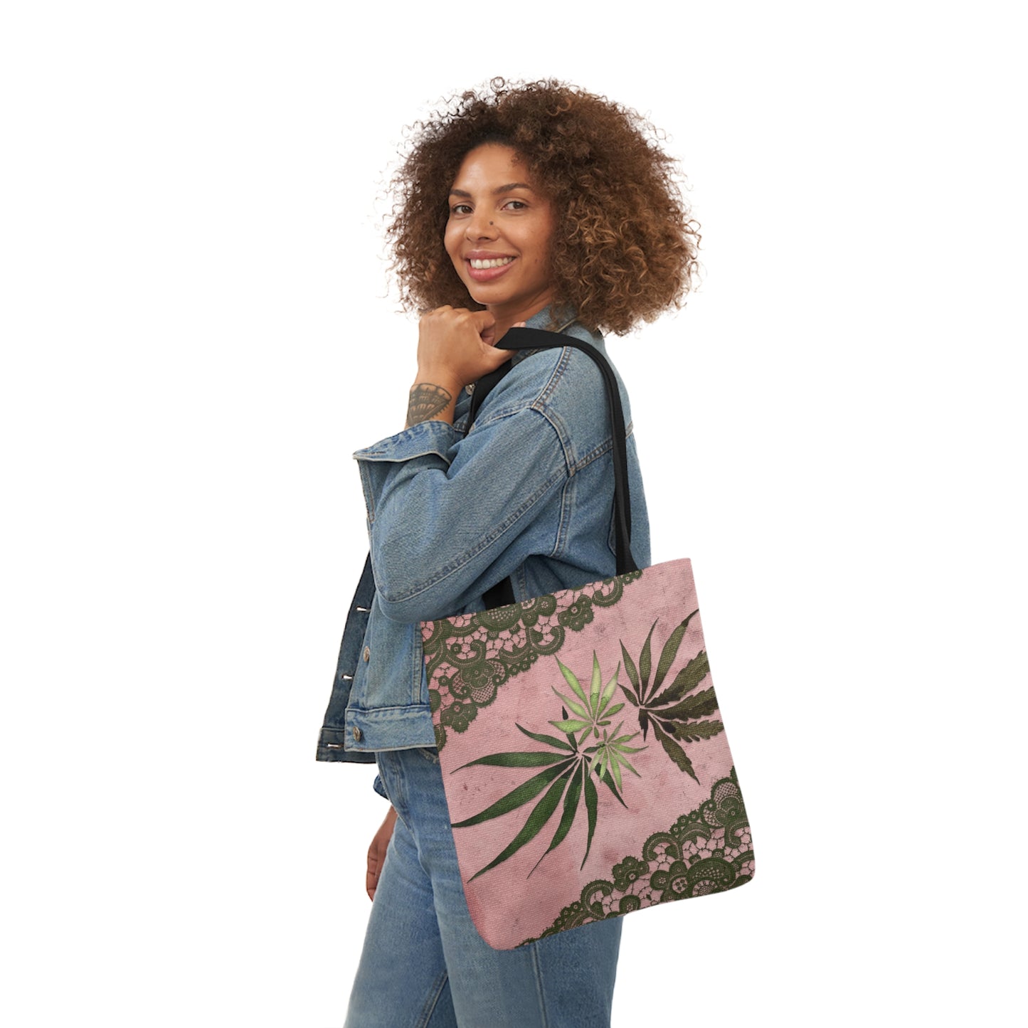 Grey Lace Gorgeous Pink Designed Marijuana 420 Weed Polyester Canvas Tote Bag (AOP)