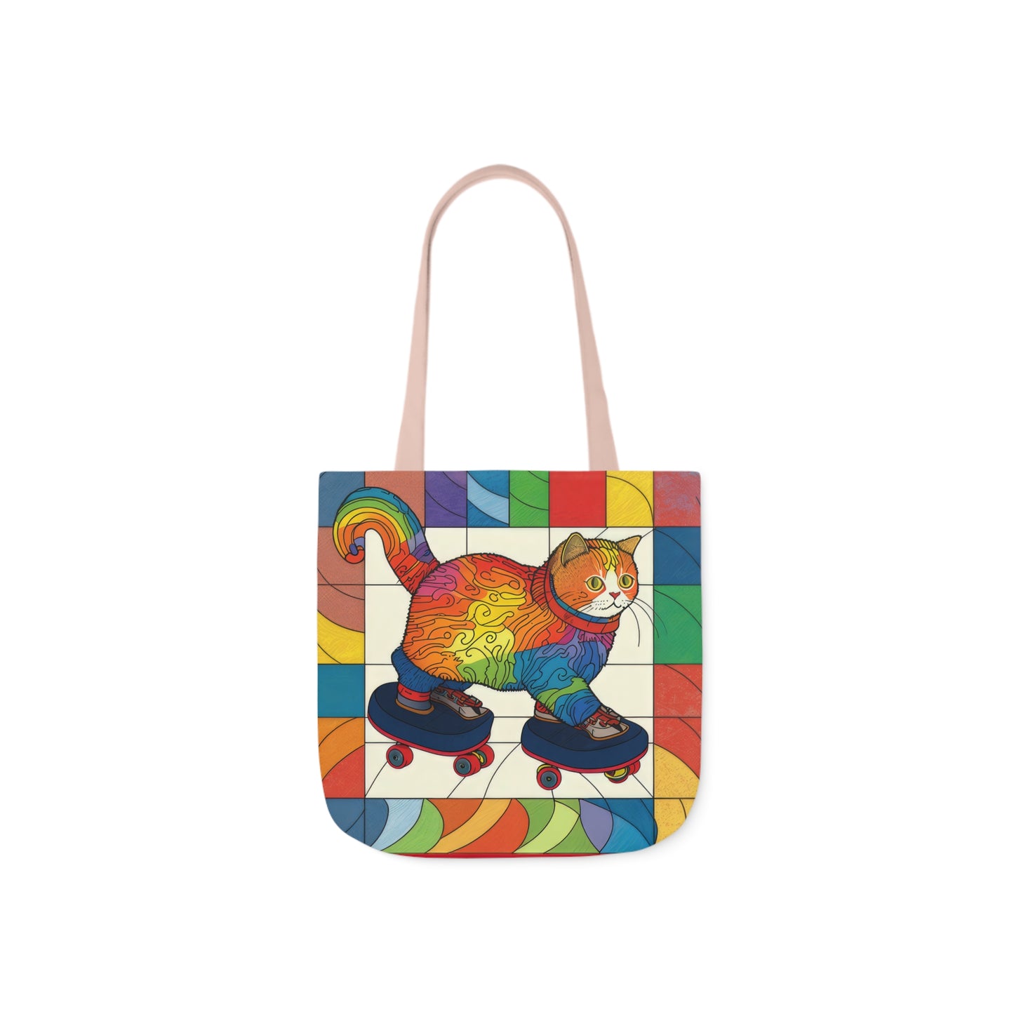 Gorgeous Rainbow Cat Riding A Skate/Skateboard With Rainbow Border Polyester Canvas Tote Bag (AOP)