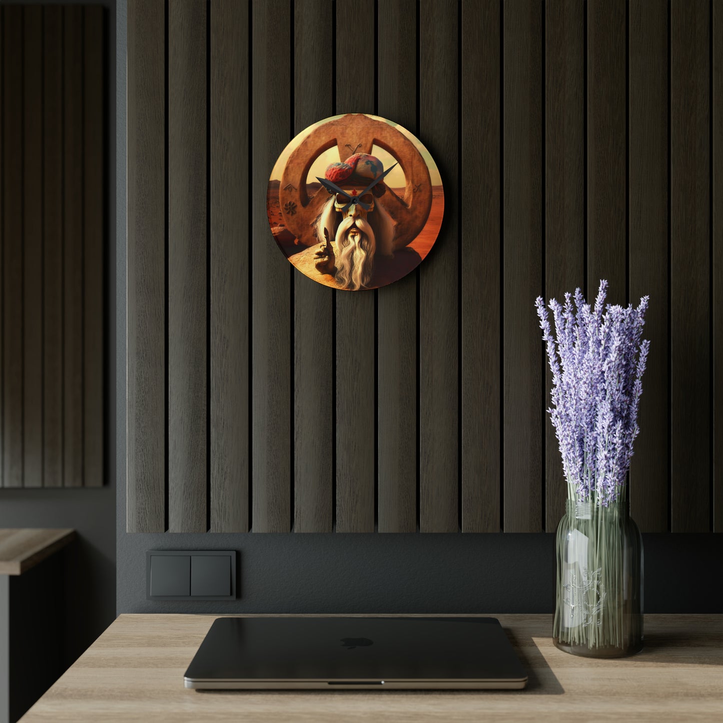 Wise Man In Dessert With Beard And Peace Sign Acrylic Wall Clock