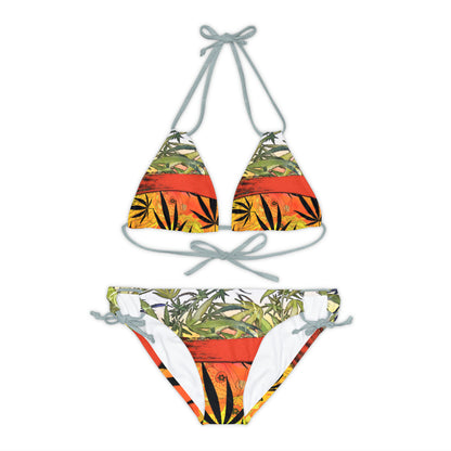 Beautiful Redish Orange Banded Marijuana 420 Pot Weed Leaf Strappy Bikini Set (AOP)