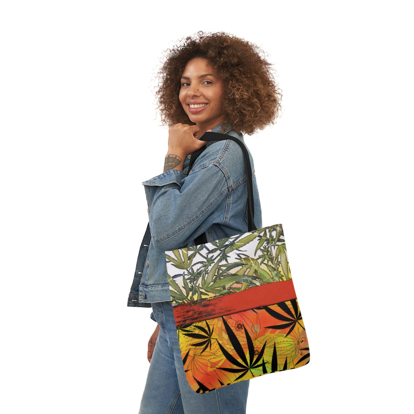 Beautiful Redish Orange Banded Marijuana 420 Pot Weed Leaf Polyester Canvas Tote Bag (AOP)
