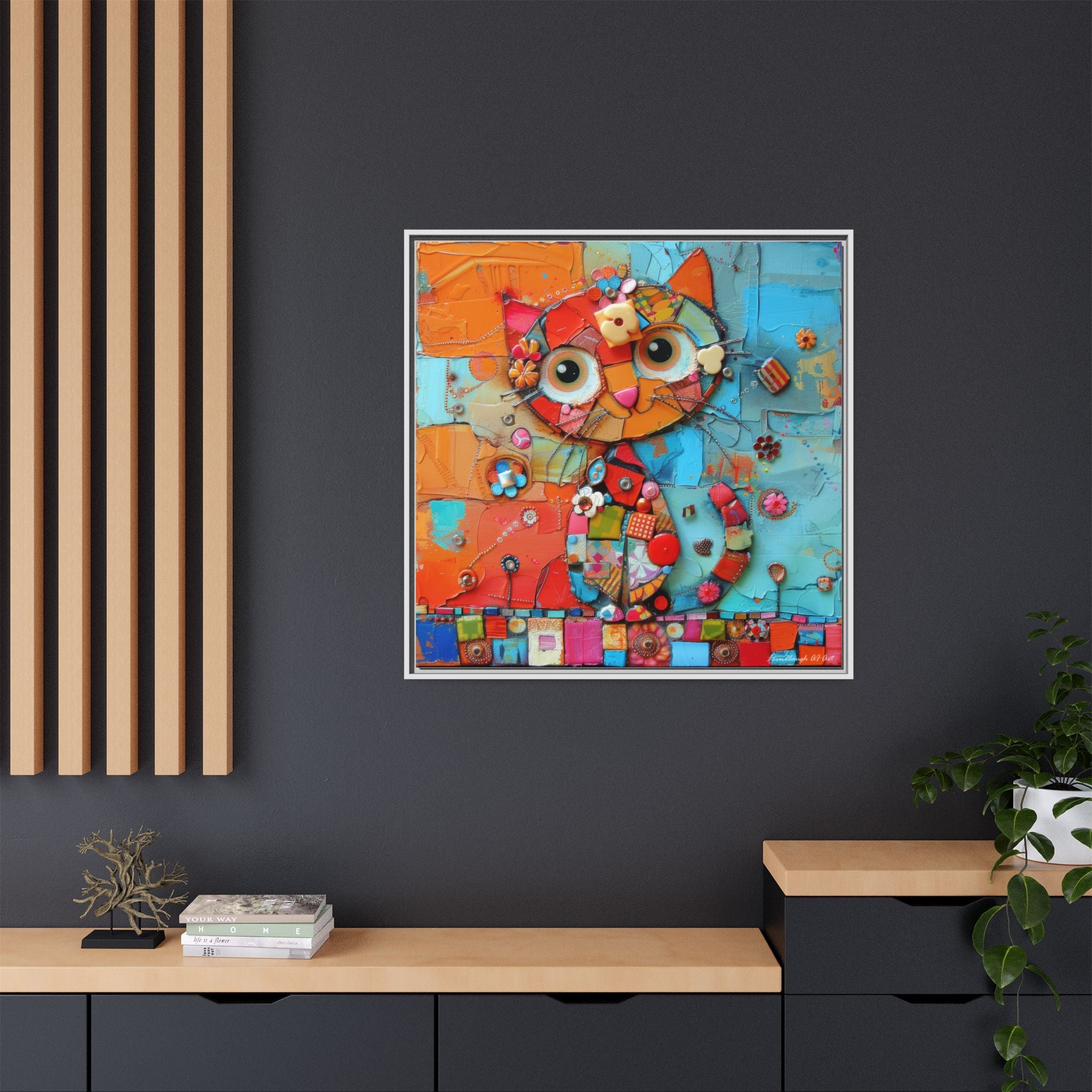 "Whimsical Mosaic Cat", Framed Mosaic Cat Art Print — Colorful Modern Wall Canvas