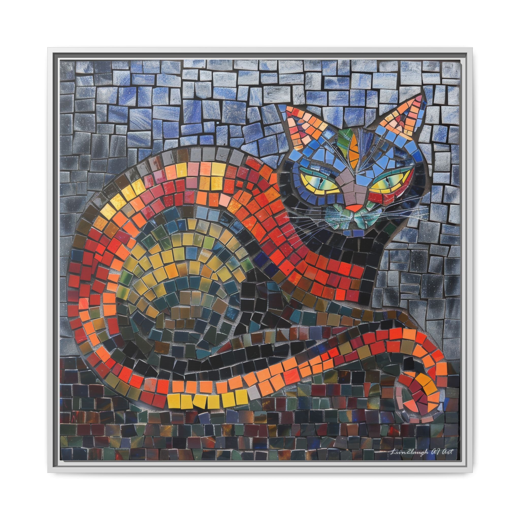 Mystic Shadows: The Enigmatic Cat, Framed Mosaic Cat Art Print — Colorful Modern Wall Canvas