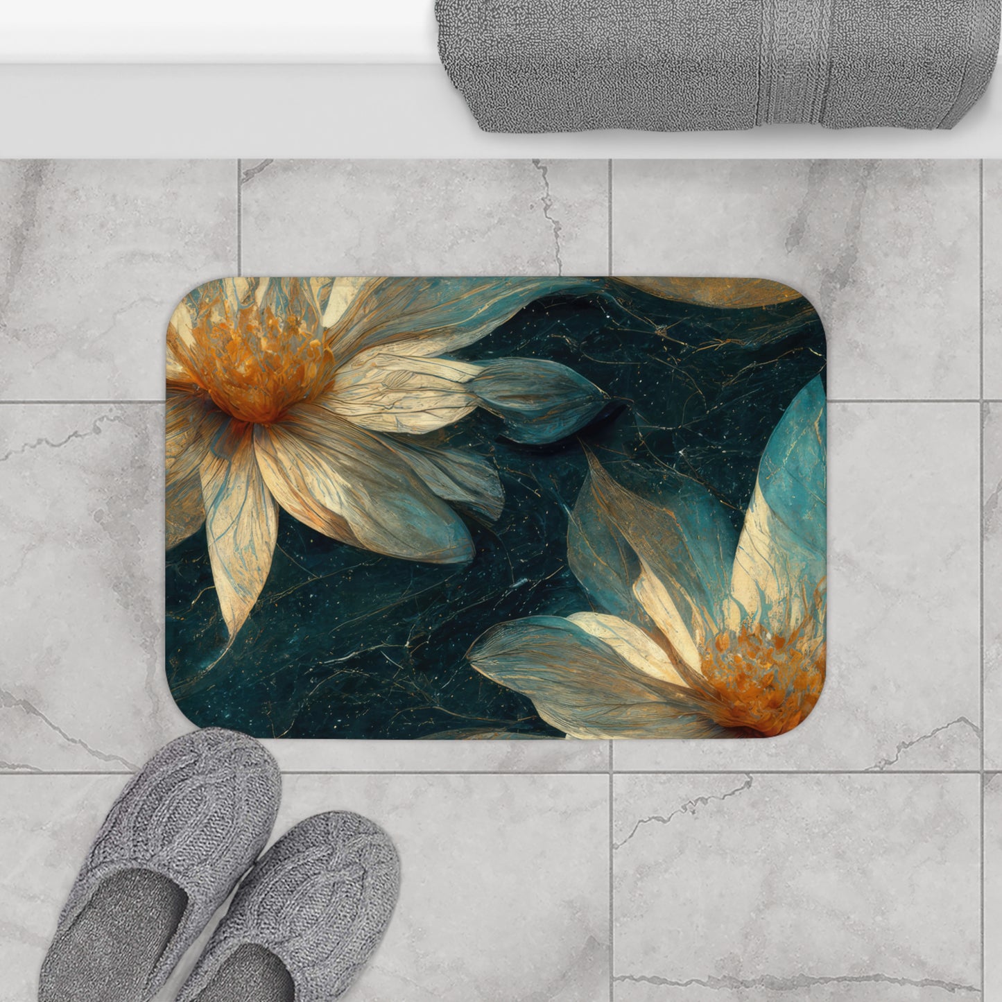 Bold And Beautiful White, Grey And Blue Floral Style 3 Bath Mat