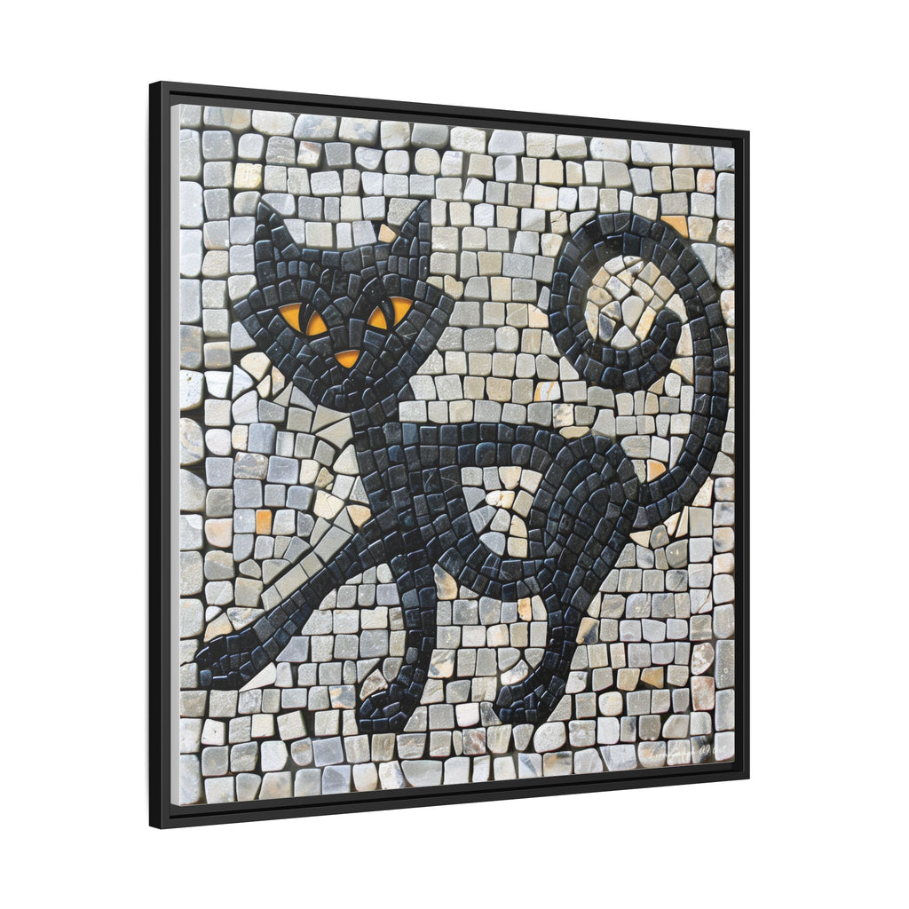 "Curious Black Cat Mosaic", Framed Mosaic Cat Art Print — Colorful Modern Wall Canvas