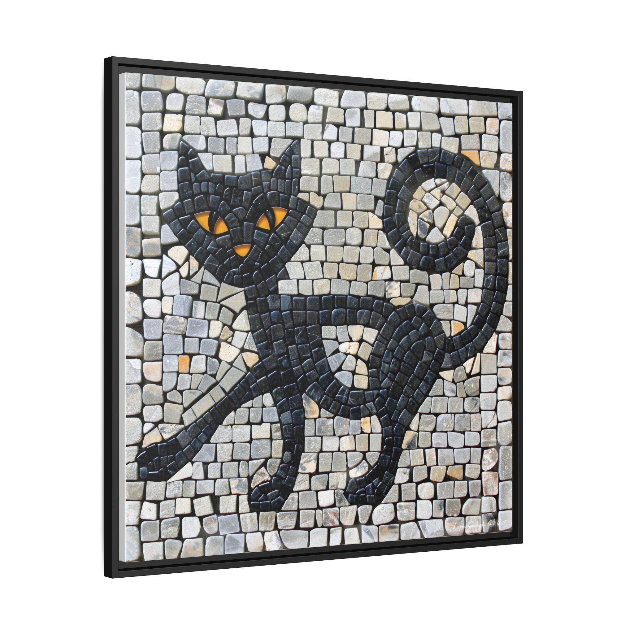 "Curious Black Cat Mosaic", Framed Mosaic Cat Art Print — Colorful Modern Wall Canvas