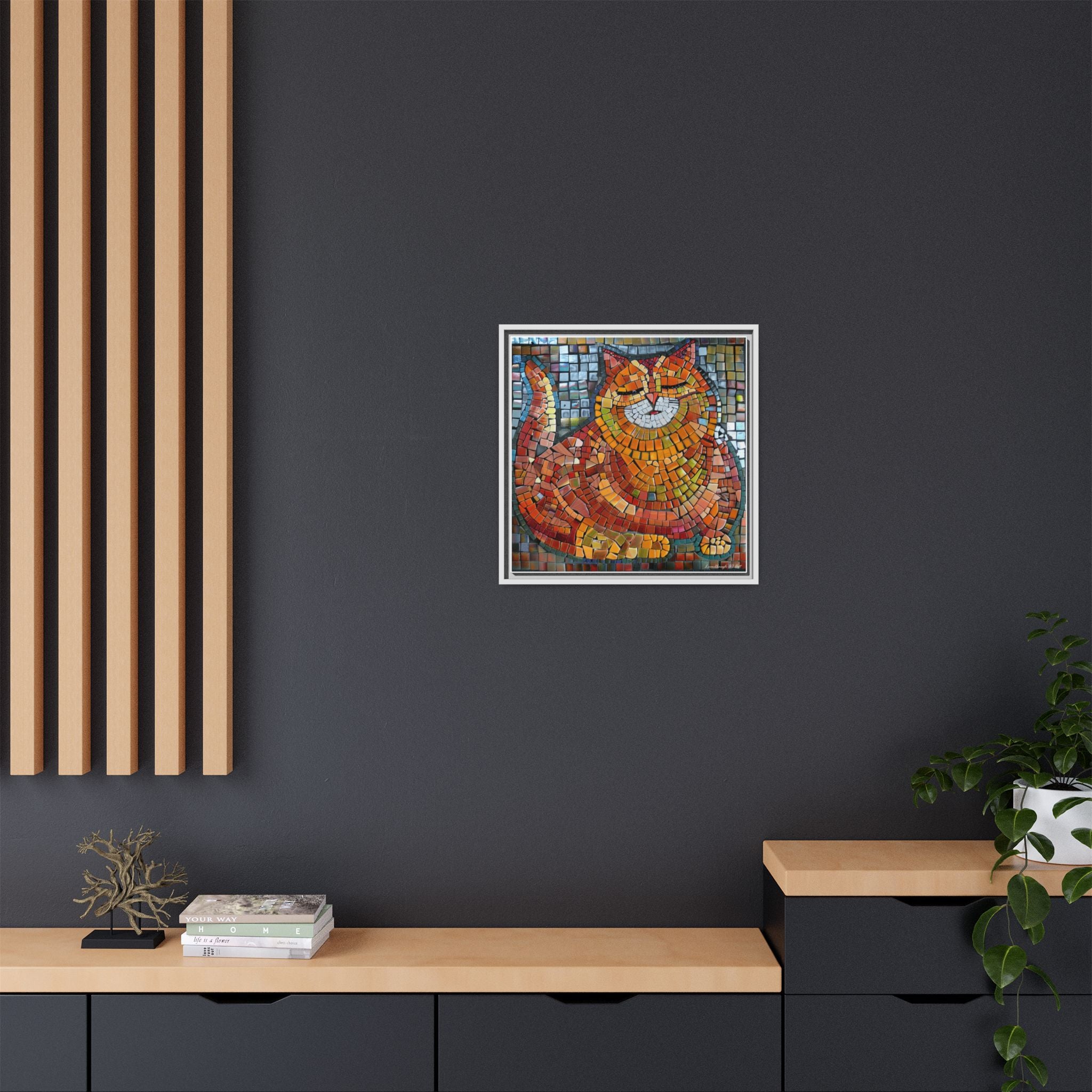 Radiant Whiskers: The Joyful Cat, Framed Mosaic Cat Art Print — Colorful Modern Wall Canvas