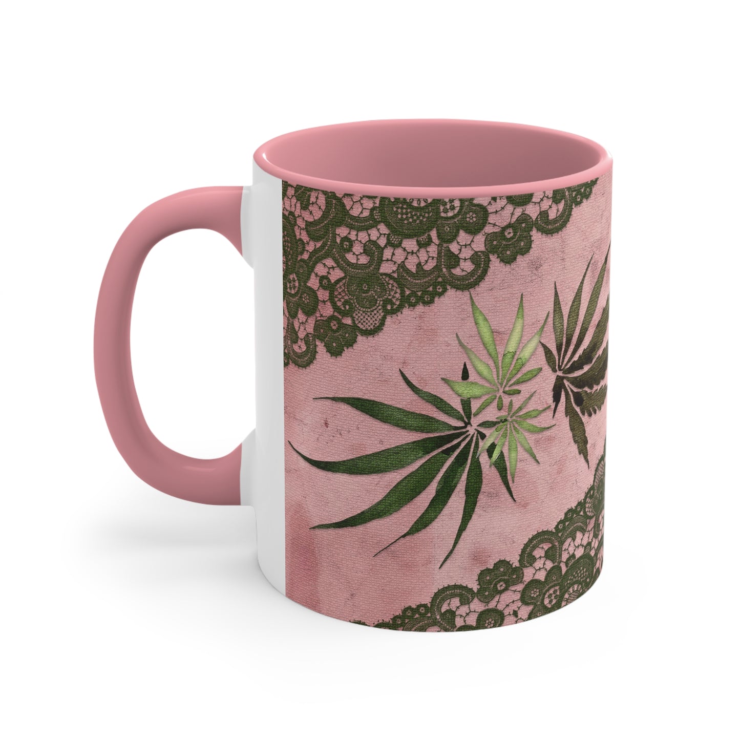 Grey Lace Gorgeous Pink Beautiful Multicolored Pot, Weed, Marijuana Leaf Accent Coffee Mug, 11oz