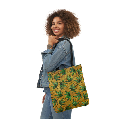 Gold And Green Marijuana Pot Weed Leaf With Gold Background 420 Polyester Canvas Tote Bag (AOP)