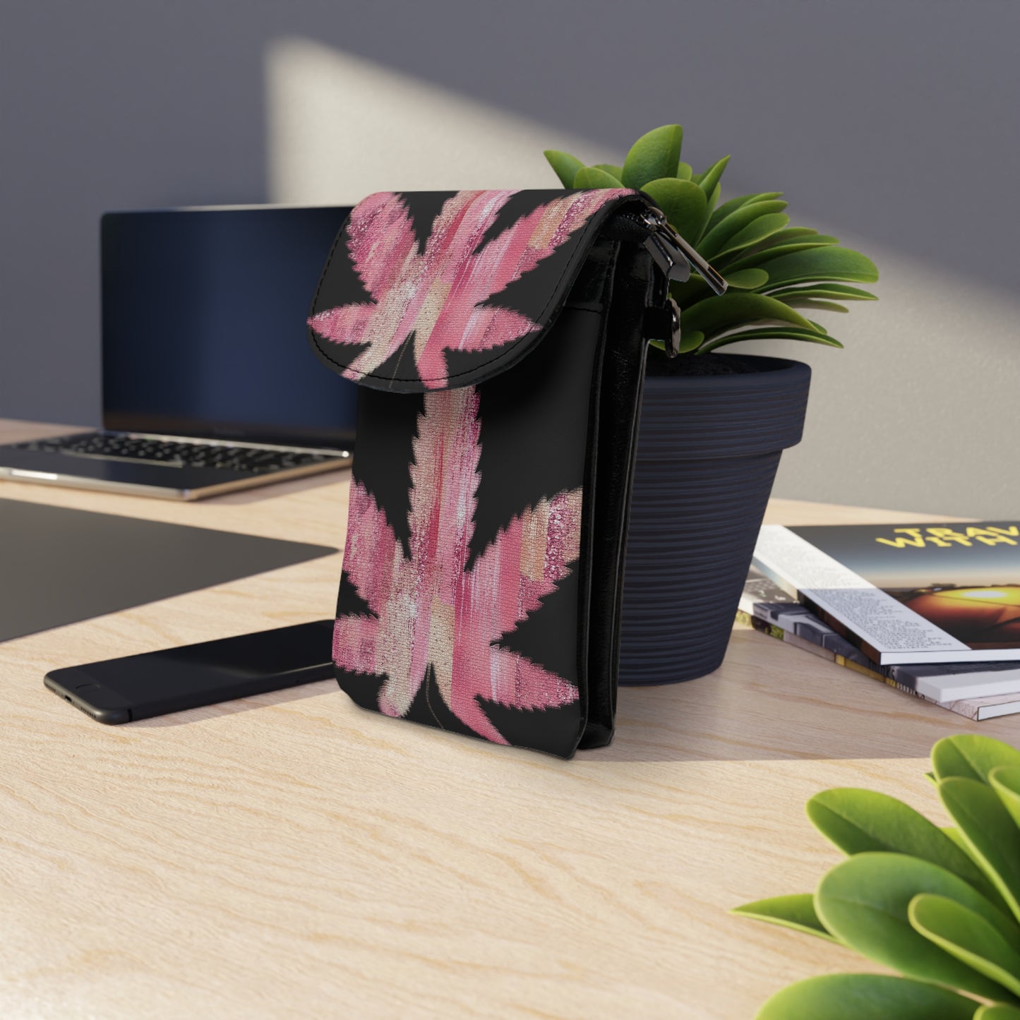 Sassy Pink 420 Marijuana Leaf With Black Background Small Cell Phone Wallet