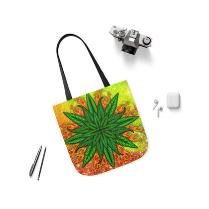 Beautifully Designed Orange, Yellow And Green Marijuana Leave Polyester Canvas Tote Bag (AOP)