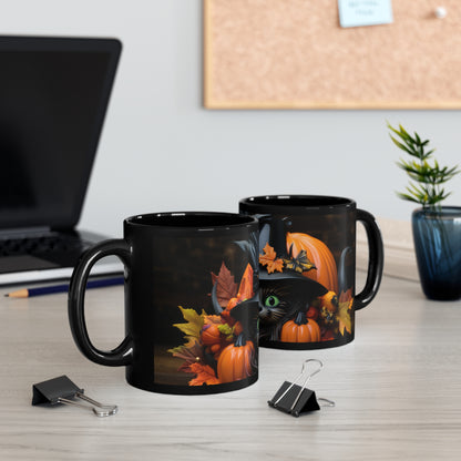 Halloween Hat Green Eyed Black Cat With Fall leaves And Pumpkins 11oz Black Mug