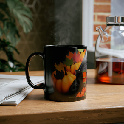 Homey Fall Time Pumpkins Theme With Black Cat 11oz Black Mug