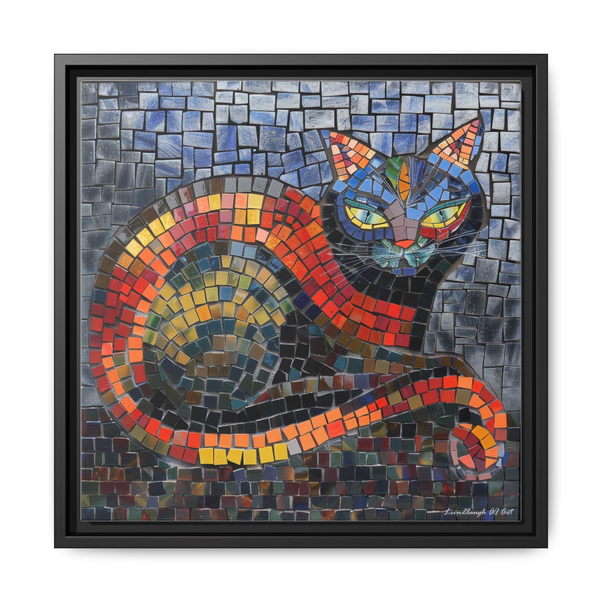 Mystic Shadows: The Enigmatic Cat, Framed Mosaic Cat Art Print — Colorful Modern Wall Canvas