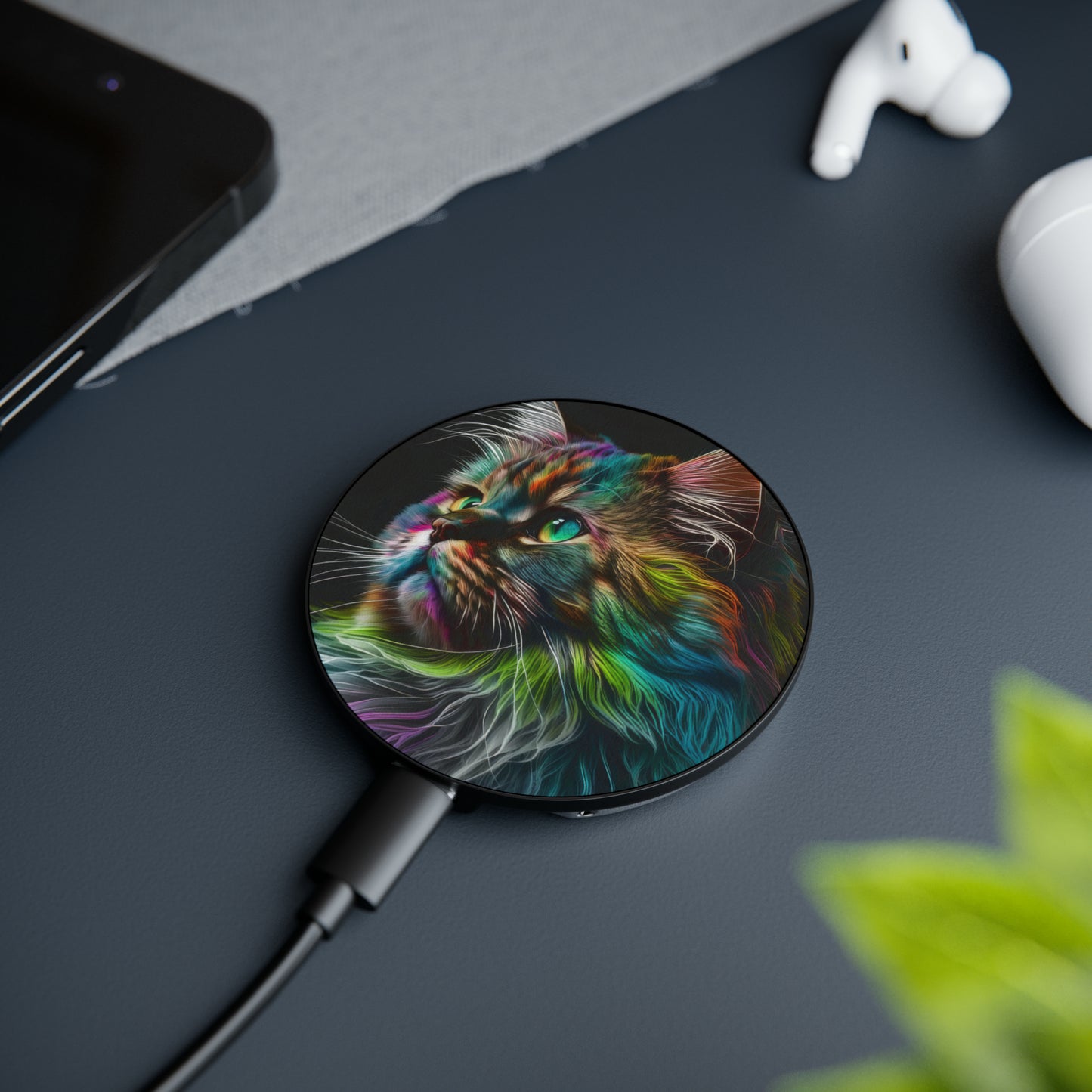 Bold And Beautiful Tie Dye Sassy Furry Cat 3 Magnetic Induction Charger