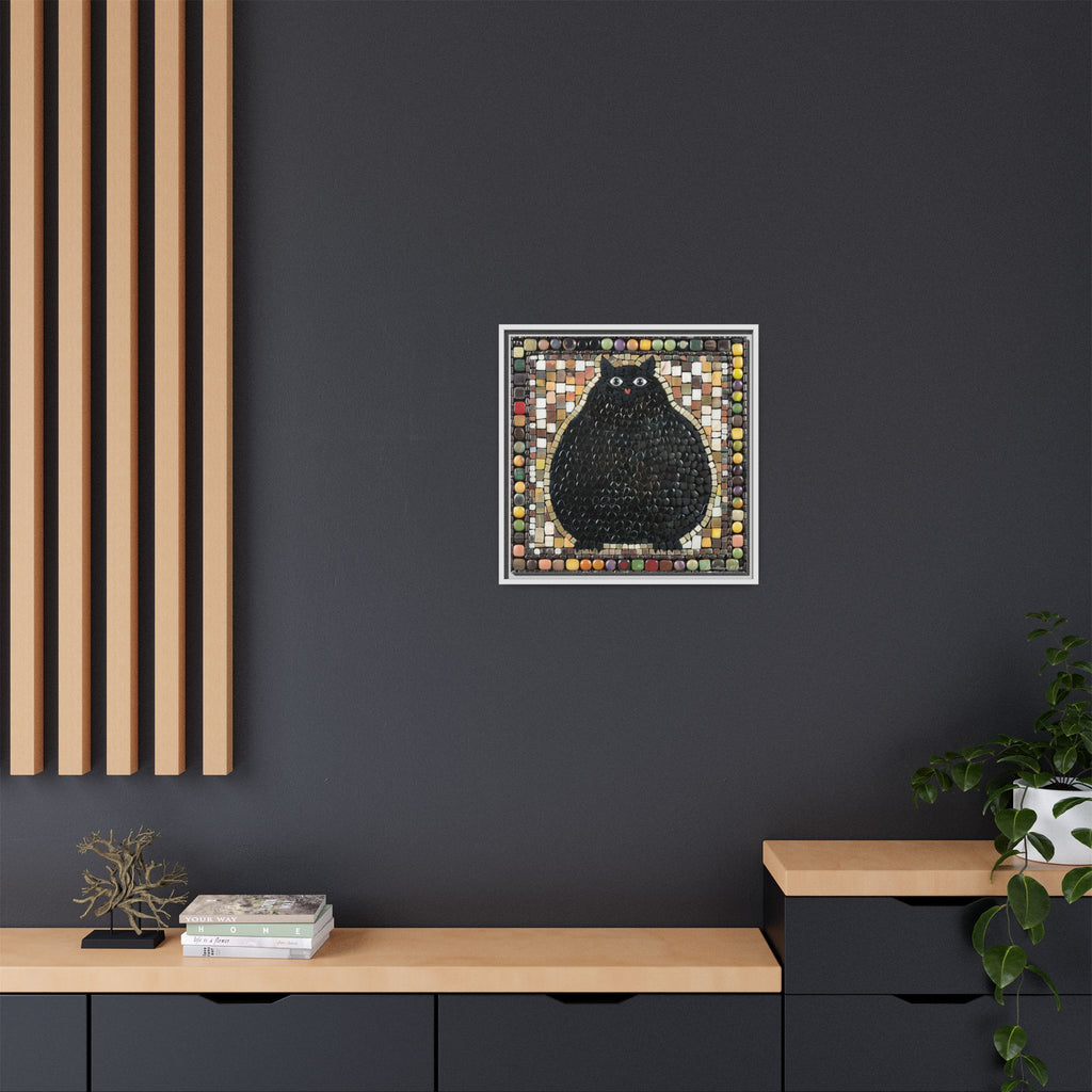 "Playful Black Cat Mosaic", Framed Mosaic Cat Art Print — Colorful Modern Wall Canvas