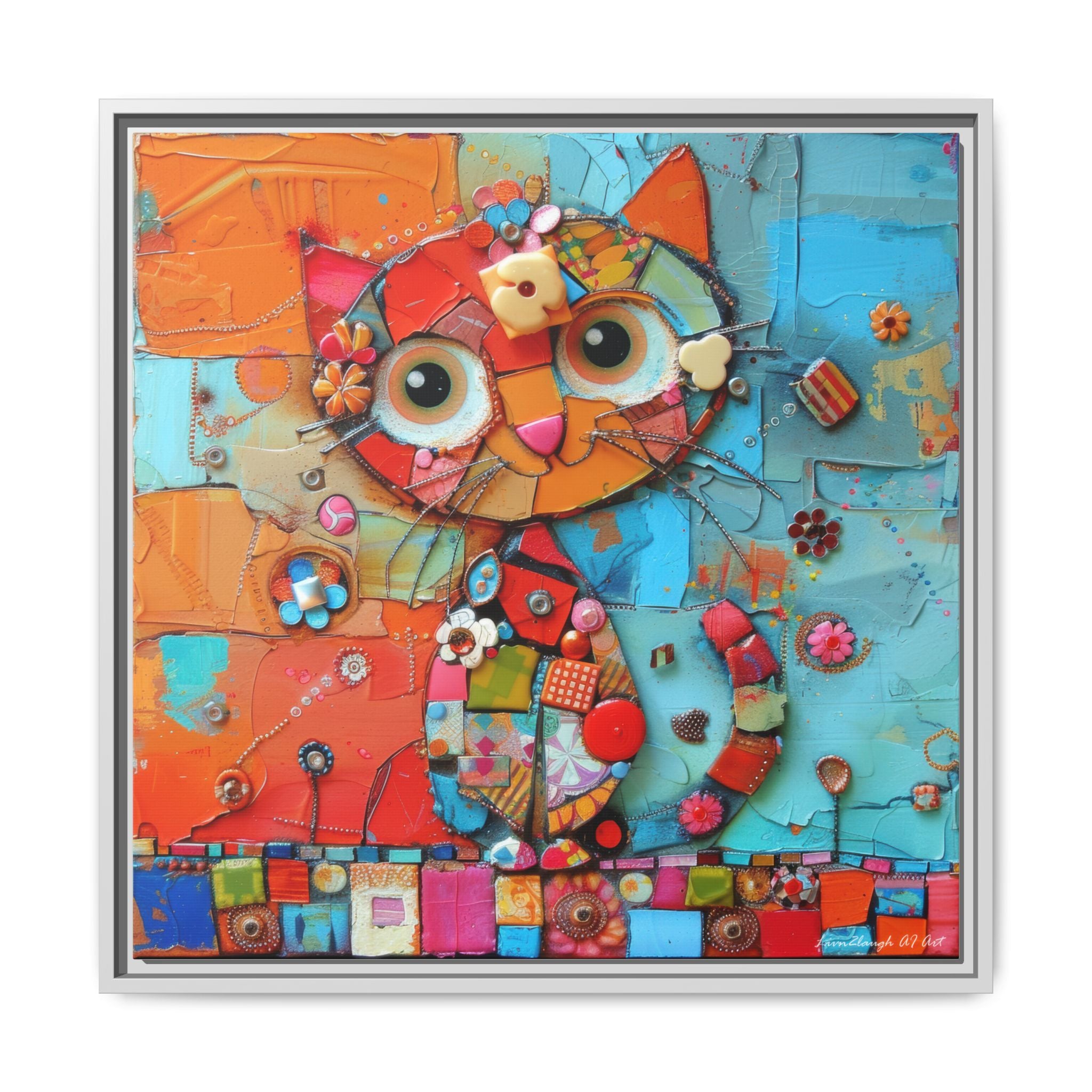 "Whimsical Mosaic Cat", Framed Mosaic Cat Art Print — Colorful Modern Wall Canvas