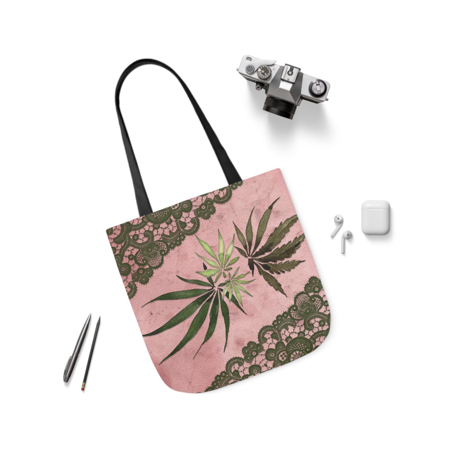 Grey Lace Gorgeous Pink Designed Marijuana 420 Weed Polyester Canvas Tote Bag (AOP)