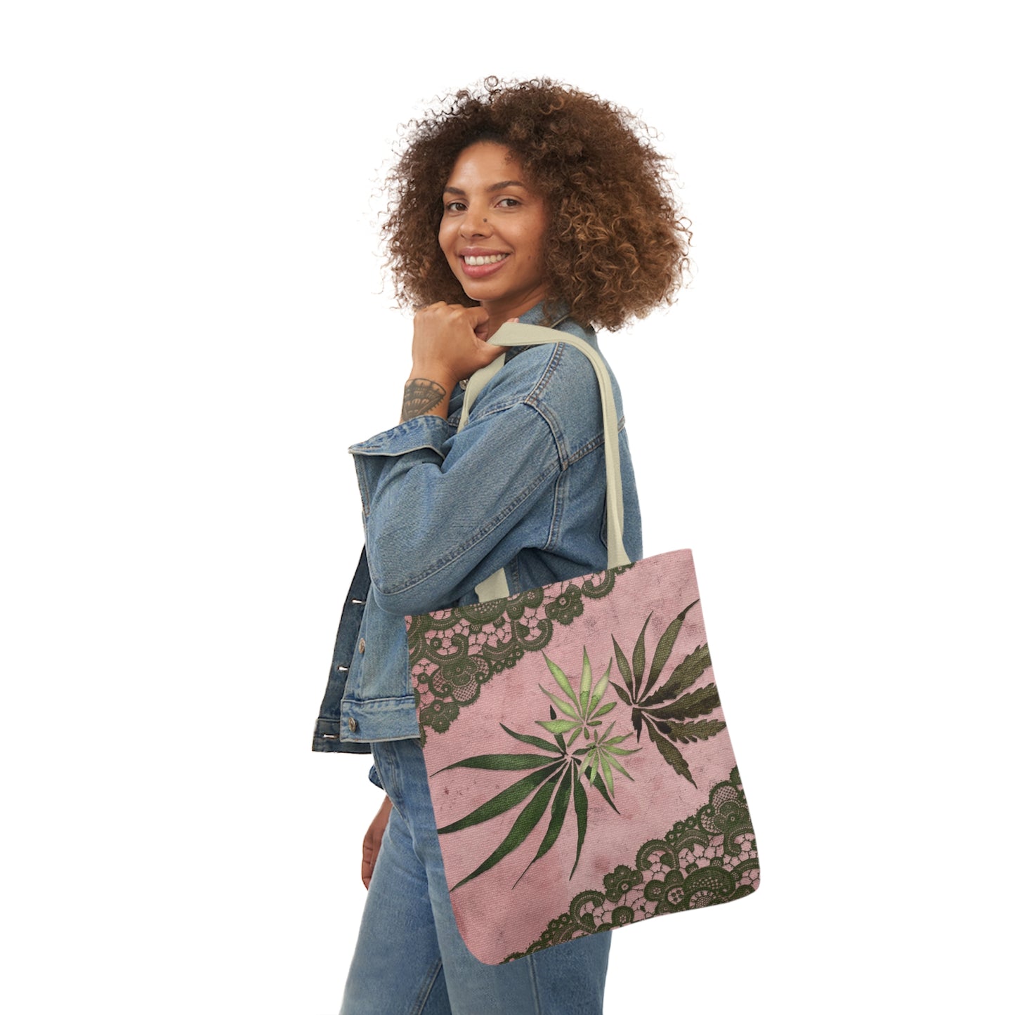 Grey Lace Gorgeous Pink Designed Marijuana 420 Weed Polyester Canvas Tote Bag (AOP)