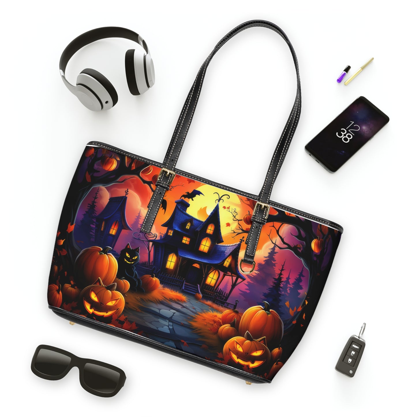 Spooky Halloween House With Pumpkin Line Path , Black Cat , PU Leather Shoulder Bag