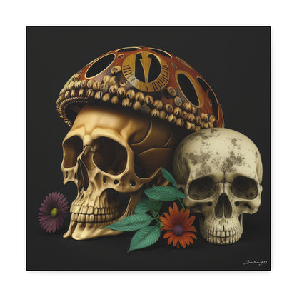 Double Skull With One Colorful Beautifully Detailed Helmet Purple Orange Flowers Canvas Gallery Wraps