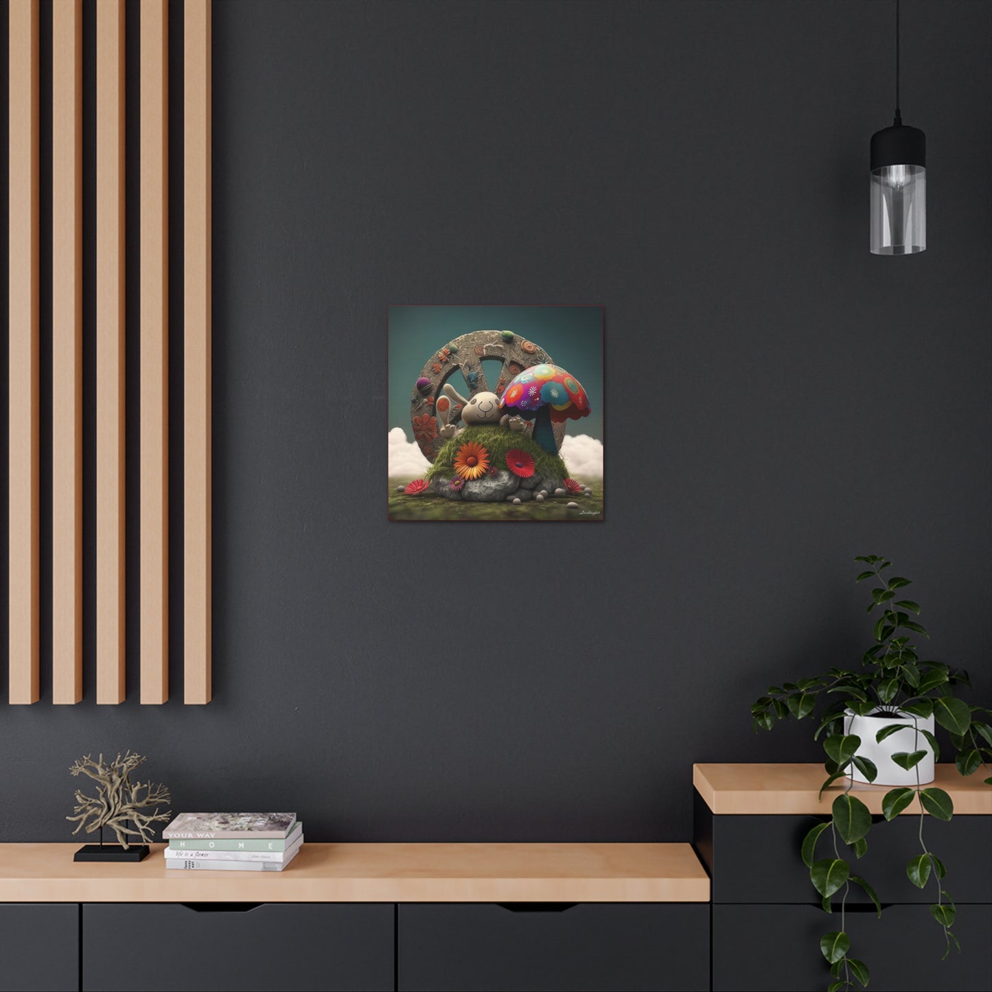 Beautiful Forest Round Peace Sign , Bunny Style Mushrooms  Flowers And Butterfly 12 Canvas Gallery Wraps