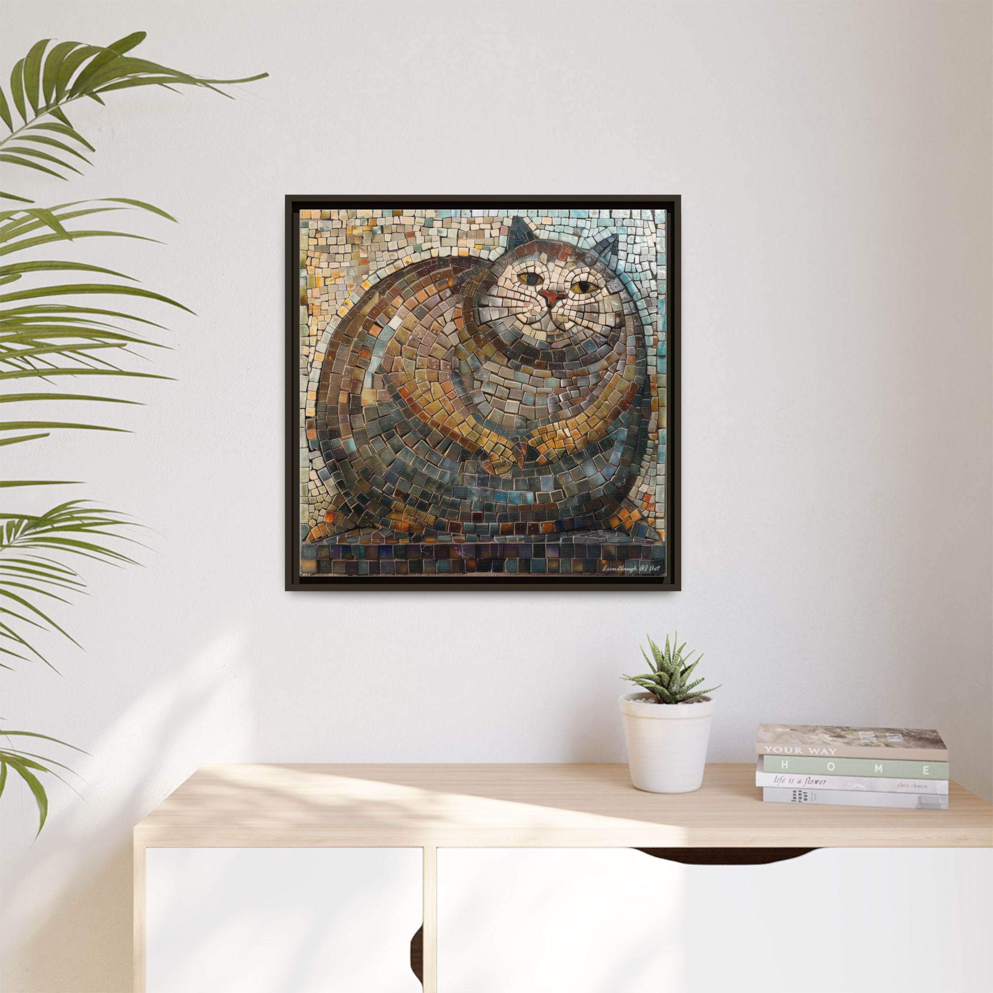 "Serene Mosaic Cat", Framed Mosaic Cat Art Print — Colorful Modern Wall Canvas