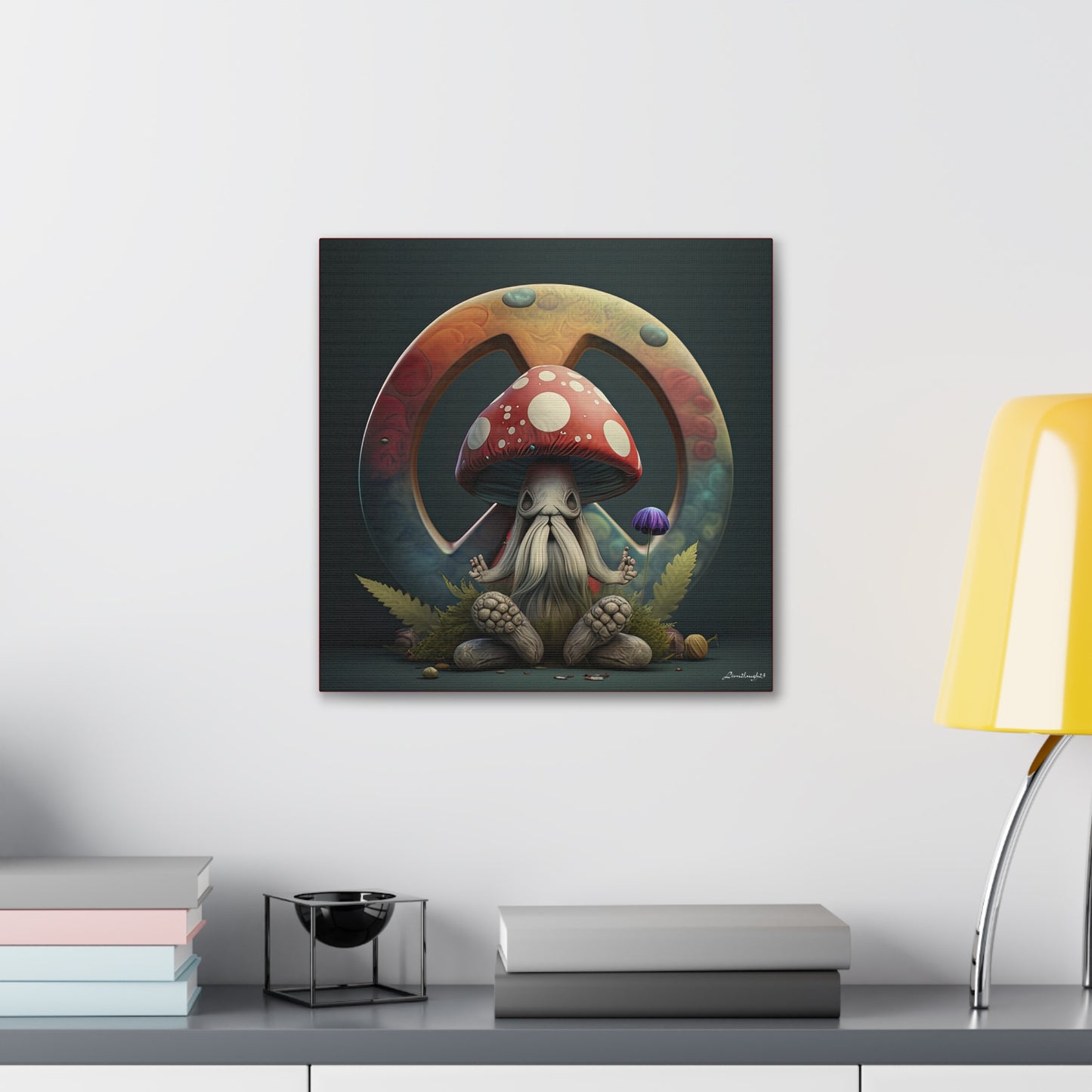 Beautiful Forest Round Peace Sign , Hippie With Beard Mushrooms Hat Flowers  Canvas Gallery Wraps