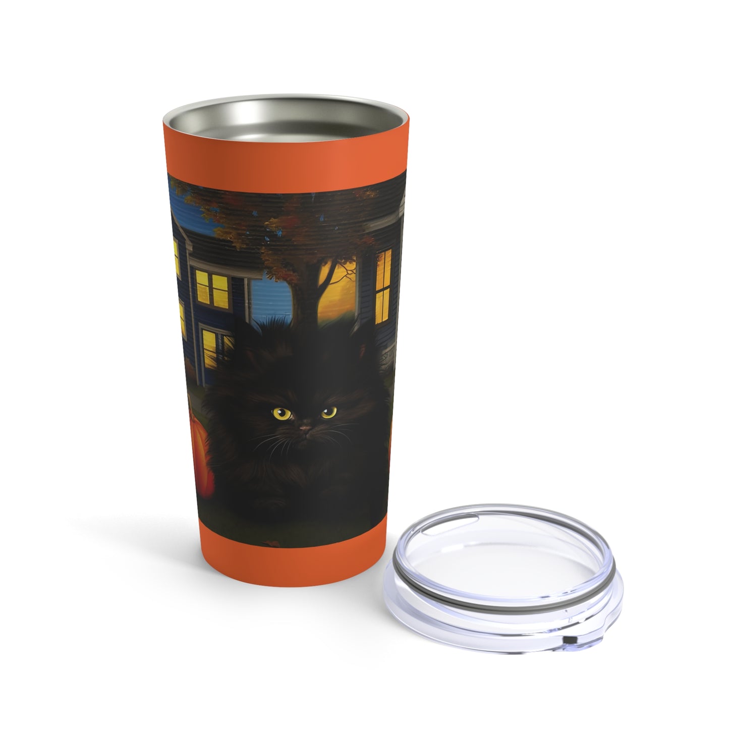 Fall Halloween Black Fluffy Cat With Pumpkins And House Tumbler 20oz