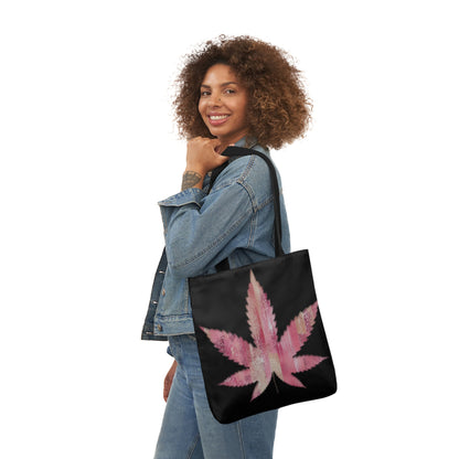 Sassy Single Pink Marijuana 420 Weed Leaf With Black Background Polyester Canvas Tote Bag (AOP)
