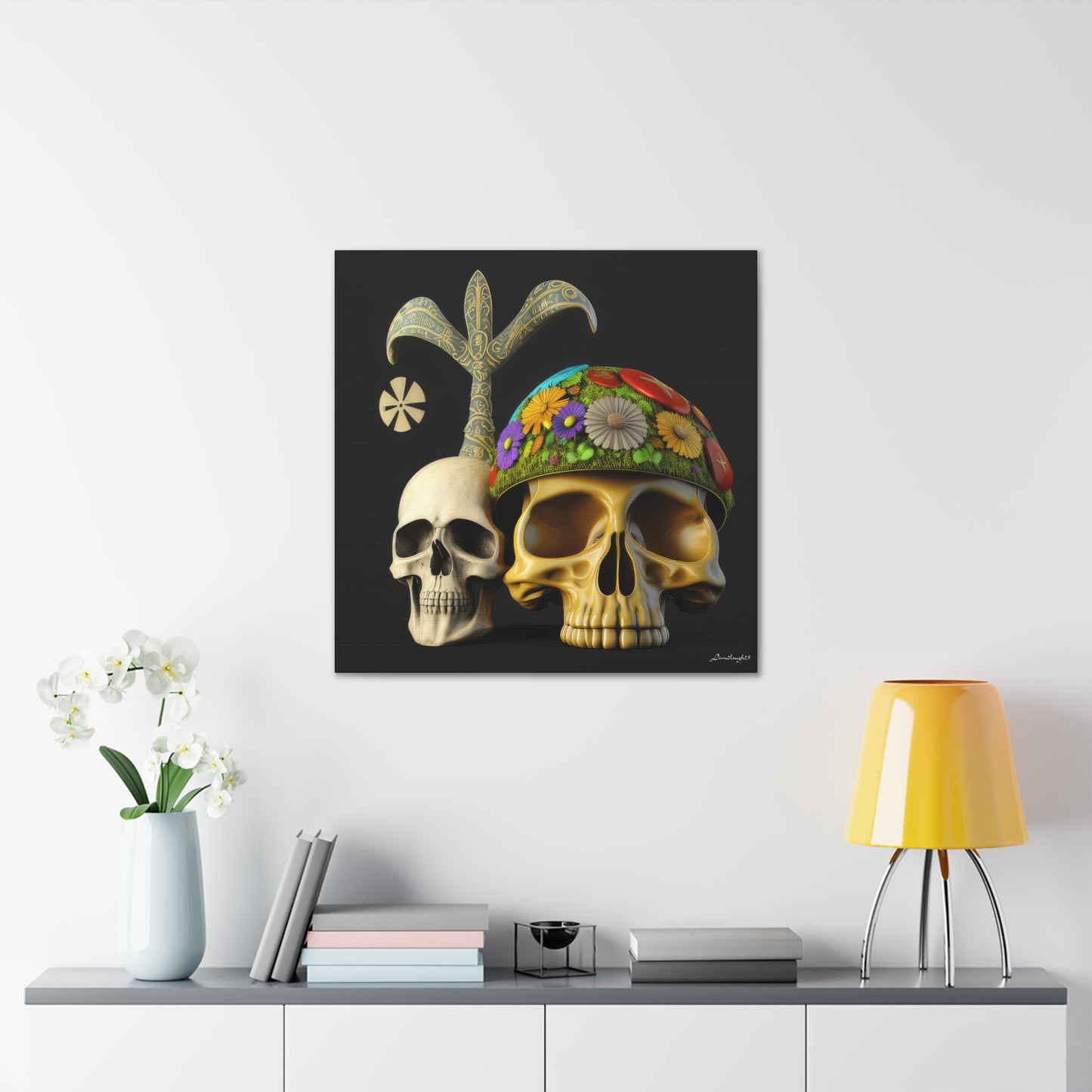 Double Skull With Yellow White Purple Flowers Canvas Gallery Wraps