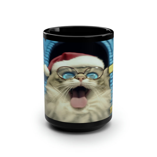 Wide Eyed Santa Cat With Glasses, Black Mug, 15oz