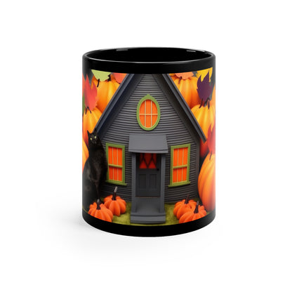 Homey Fall Time Pumpkins Theme With Black Cat 11oz Black Mug